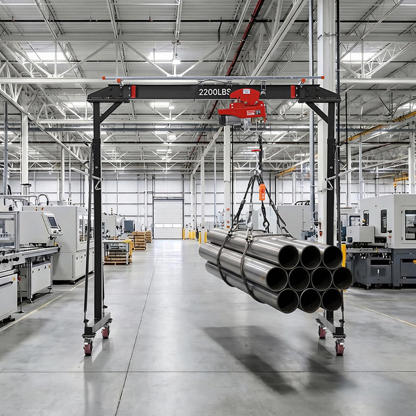 VEVOR Adjustable Gantry Crane, 2200 lbs Capacity, Portable Shop Lift Hoist with 95.7-142.9 in Height Adjustable, Manual Trolley, Electrical Hoist, Sling, Shackles, for Factory Warehouse Auto Repair