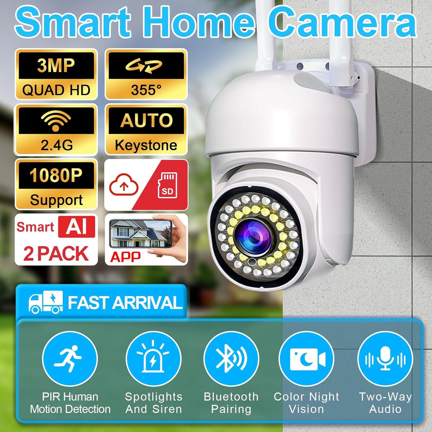 Ayla link 3MP 360Pan-Tilt 2K (2 Pack-9.8 Security Camera Outdoor, View, HD Cameras for Home Security, Color Night