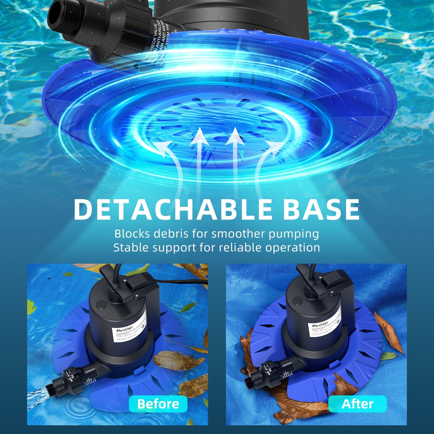 Bywter Pool Cover Pump, 1/4HP Automatic Swimming Pool Cover Pump, 1800 GPH Submersible Sump Pump with Check Valve Adapter for 3/4" & 1-1/4" Hoses and 25ft Power Cord, Water Removal for Pool Cover