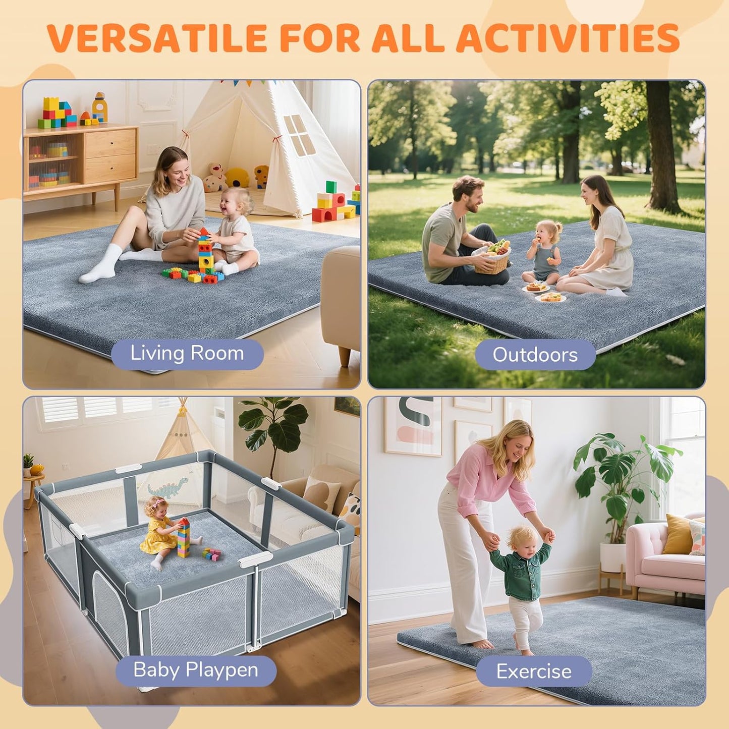 Omzer Baby Play Mat - 1.3" Thick Foam Tummy Time Mat | 65x50 Inch Non-Slip Crawling Pad - Grey Coral Velvet