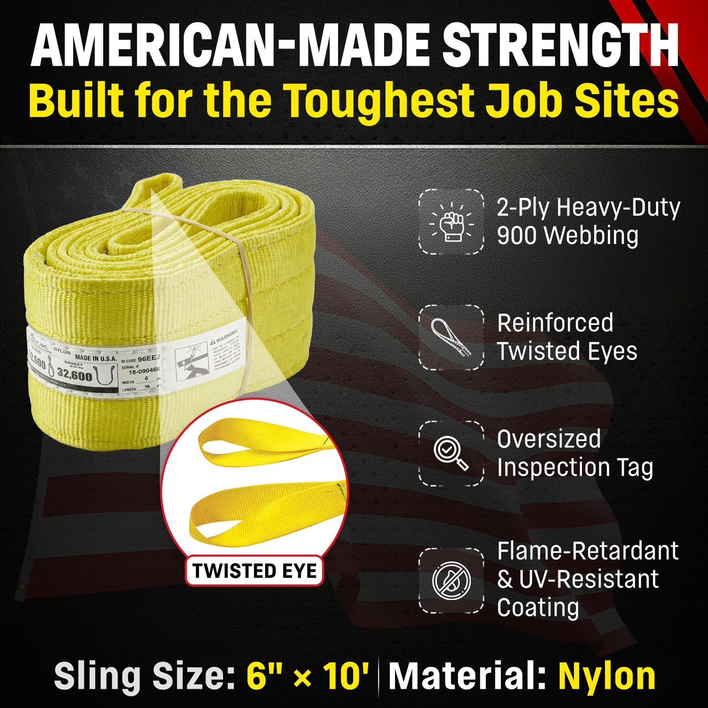 DD Sling 6" × 10' Nylon Lifting Sling – USA Made, 16,300 lb Vertical, 13,000 lb Choker, 32,600 lb Basket – 2-Ply Heavy Duty 900 Webbing, Type 4 Twisted Eye & Eye Rigging Sling