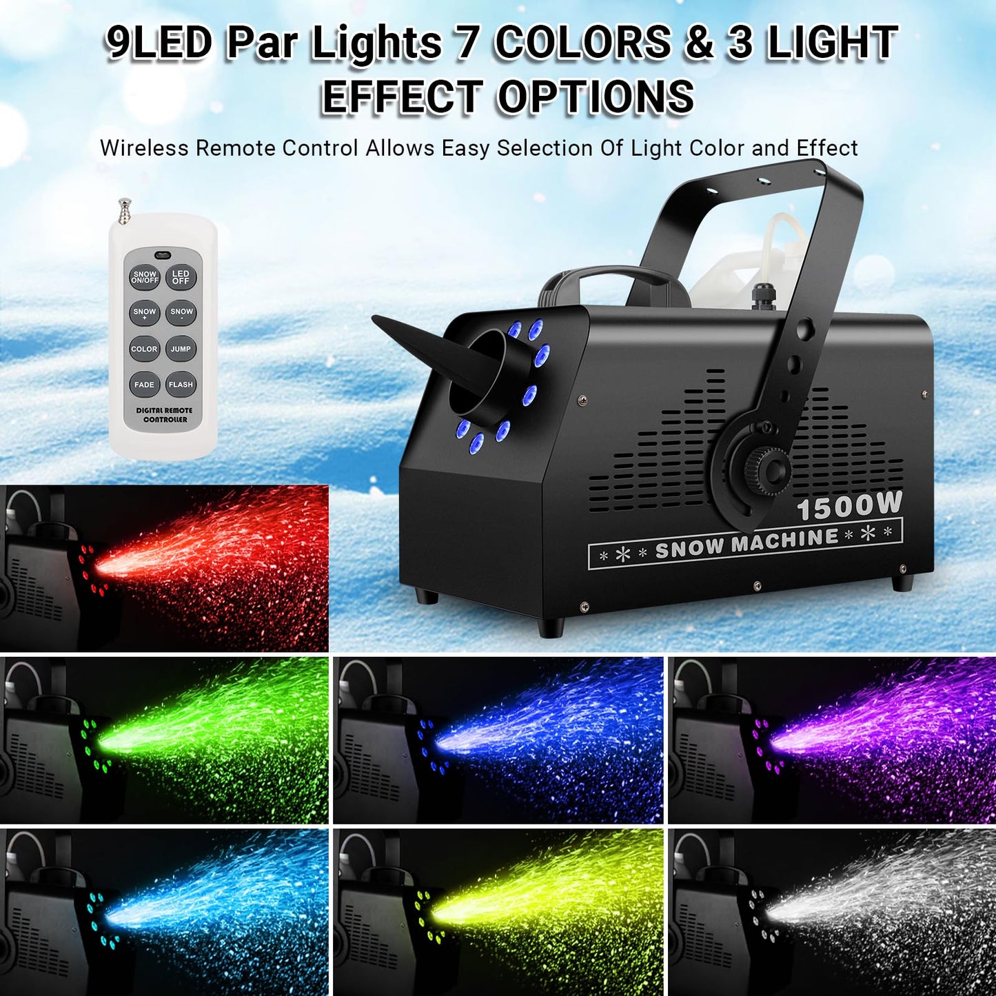1500W Snow Machine Snowflake Maker: Wired & Wireless Remote Snow Volume - with 9LED RGB Lights - Artificial Fake Snow Machine for Outdoor Christmas Party Wedding Fiestas Holiday Stage Effects