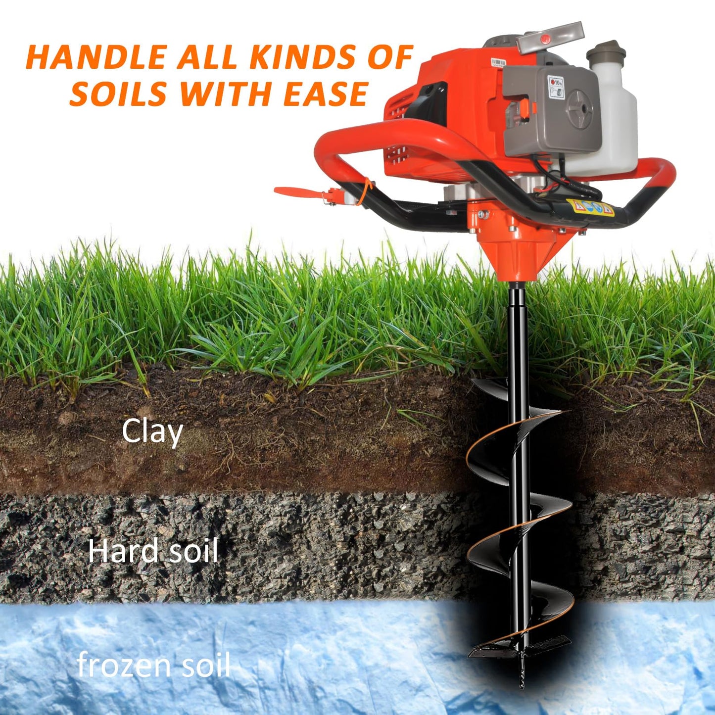 Ebikestar 72cc 4HP Gas Powered Post Hole Digger, Gas Earth Auger/Ice Auger, with 4""/8""/12"" Bits + 2 Extension Poles, 2-Stroke Gasoline Post Digger for Fence Garden Farm Plant (72CC)