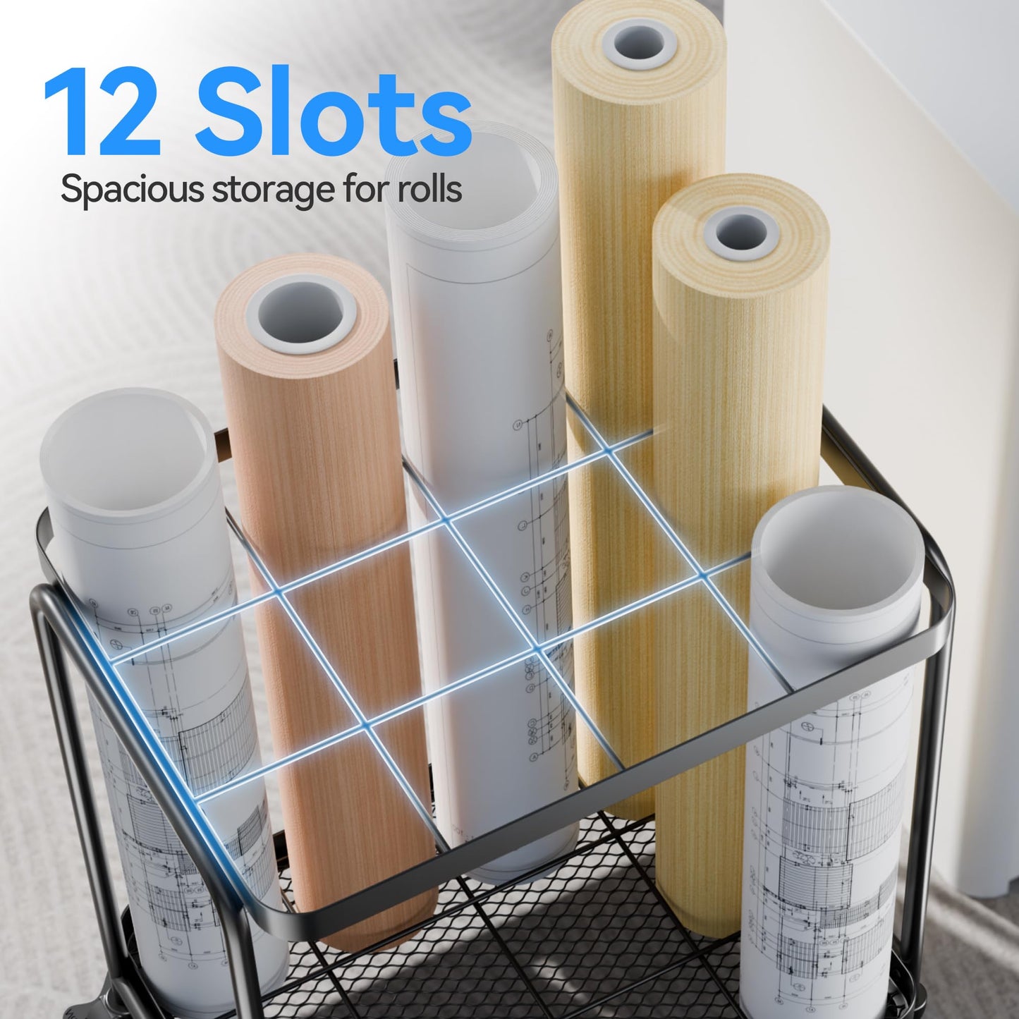 Josmimic Blueprint Storage Rack with Silent Wheels,12 Slots（4.3‘’×3.9‘’） Wrapping Paper Organizer Storage, Sturdy Cart for Organizing Construction Plans, Artwork,Map,Posters in Home/Office/School