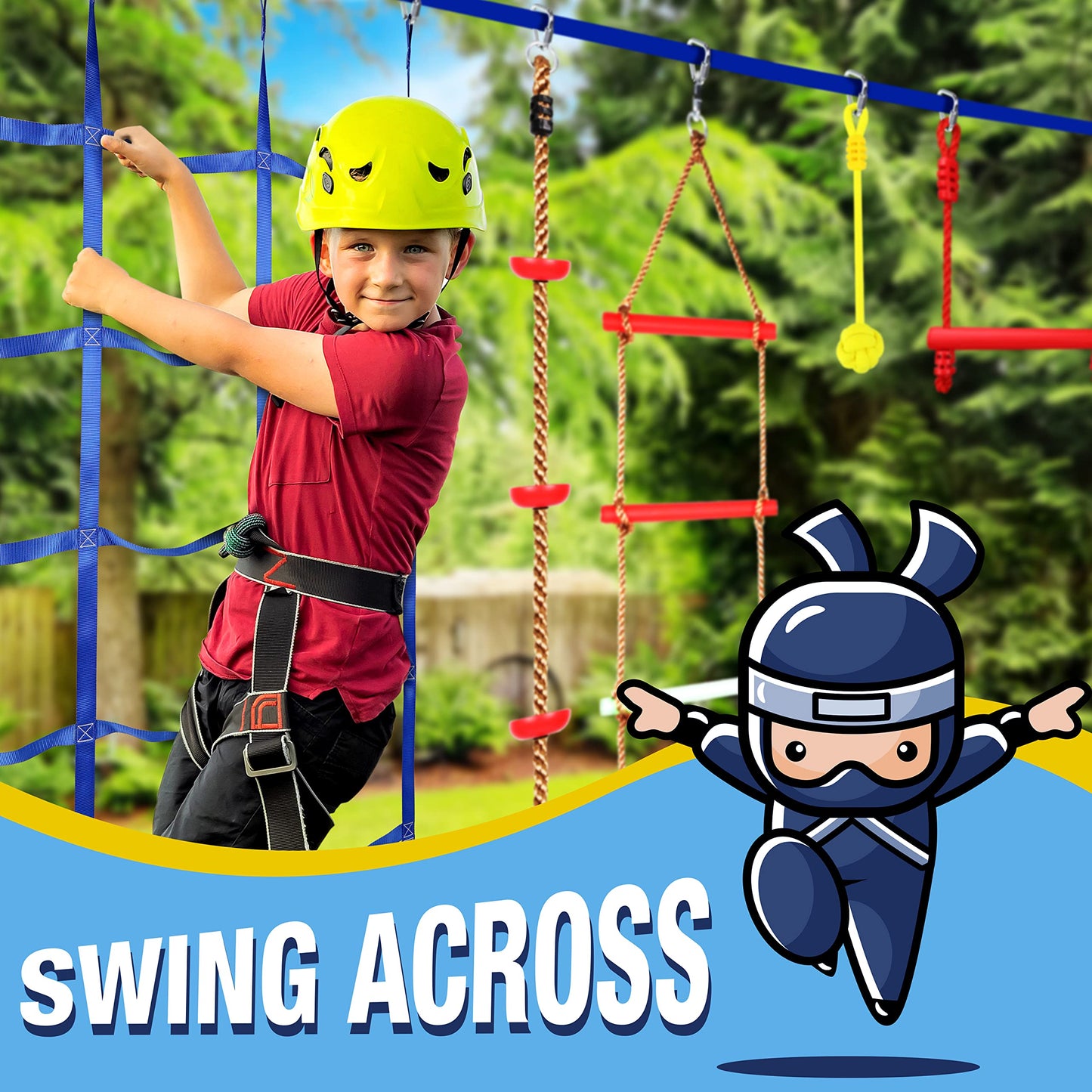 SereneLife Ninja Warrior Slack Line Obstacle Course 50ft Slackline with 18 Jungle Gym Tree Climbing Attachments Backyard Outdoor Play Equipment Set for Kids Outside with Rope Ladder and Accessories