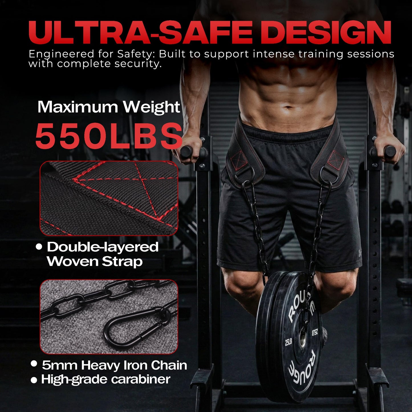 Weightlifting Dip Belt with Chain, Heavy Duty 550-650 lbs Capacity, for Dips and Pull-ups