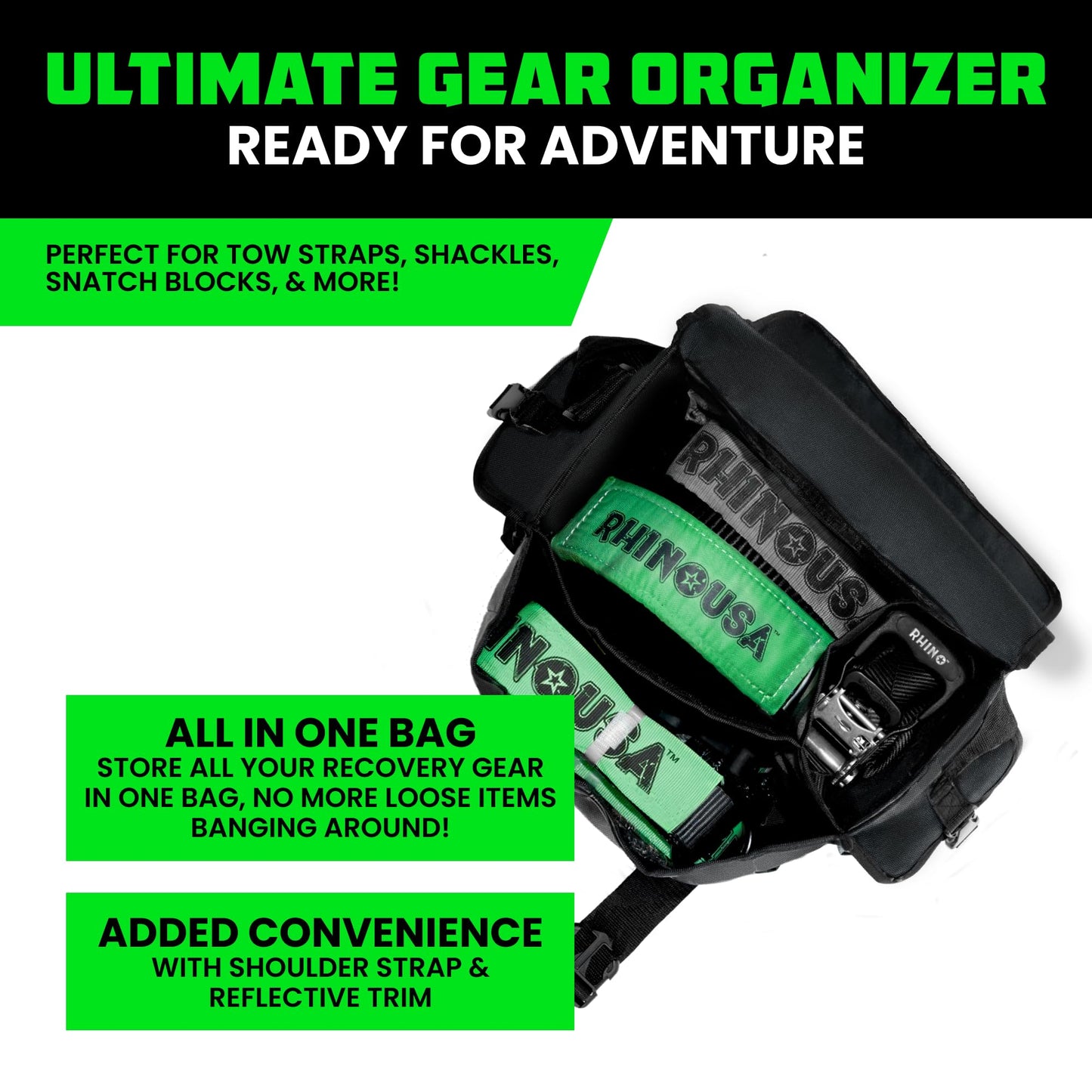 Rhino USA Recovery Gear Storage Bag (Black) - Ultimate Recovery Kit Bag for Organization in Your Vehicle - Use With Your Tow Strap, Shackles, Snatch Block or Anything You Desire - Guaranteed For Life!