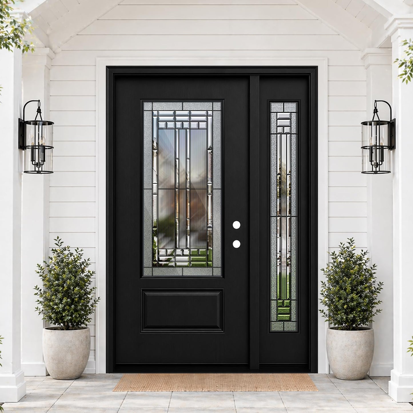 53x80in Fiberglass Front Entry Door with 14in Sidelight, Black Exterior Door for Home, Left-Hand Inswing, Textured Finished with Decorative Glass Knock-Down Door, Vinyl Frame and Brickmould Included