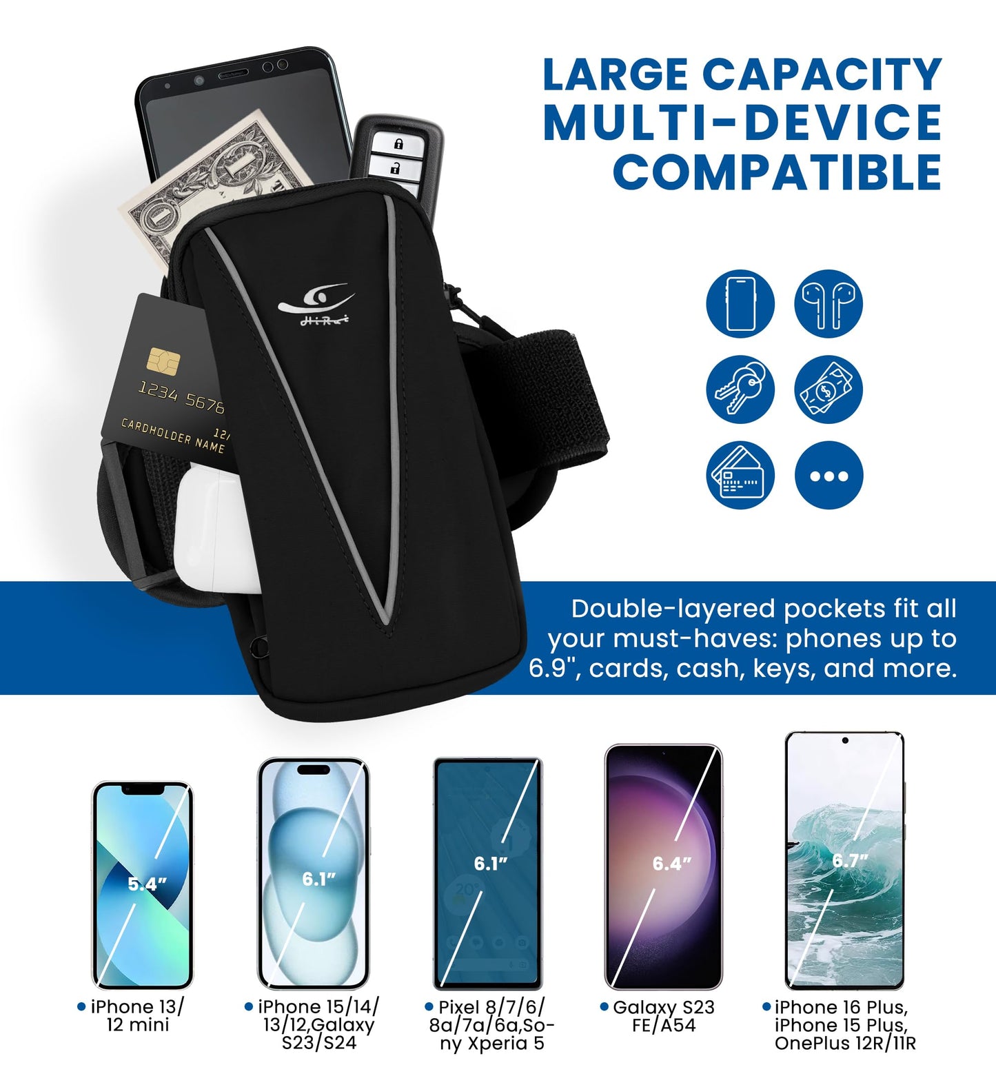 HiRui Cell Phone Holder Arm Bag & Wrist Bag for Phone, Sports Running Armband for Gym & Cycling, Compatible with iPhone 17/17Pro/Plus/16/15 Samsung Galaxy All Phones, Reflective & Adjustable (Black)