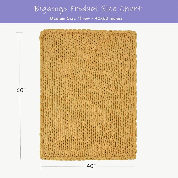 Bigacogo Chunky Knit Throw Blanket for Couch, 40x60 inches, 100% Hand Knitted with Thick Jumbo Chenille Yarn, Cozy Soft Large Rope Knot Cable Crochet Blankets for Sofa Bed Living Room, Mustard Yellow