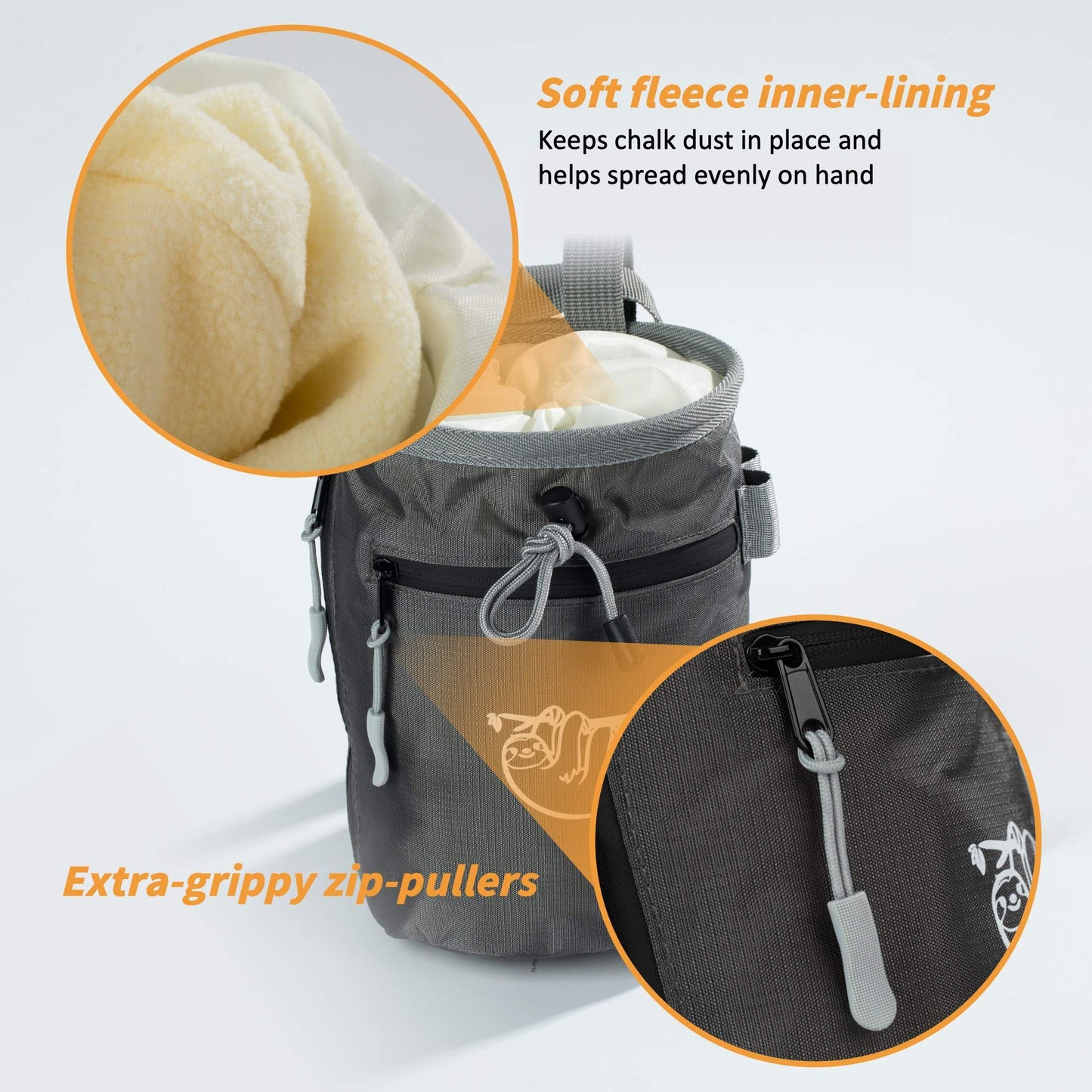 Chalk Bag for Rock Climbing, Climbing Chalk Bag for Bouldering with 2 Large Zipper Storage Pockets, Premium Gym Chalk Bag for Weightlifting, Great Gift and Rock Climbing Gear, Gray