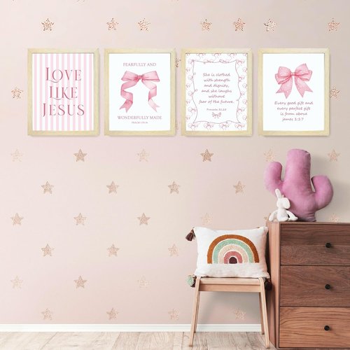 LARTSFRO Coquette Pink Bow Wall Art Decor - Inspirational Bible Verses | 10x8 Inch Set of 4 for Teen Girls