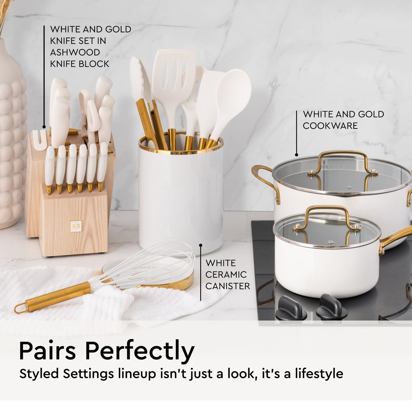 Gold Kitchen Utensils Set – 6 PC White Silicone and Gold Cooking Utensils with Spatula, Whisk, Tongs, Spoons, Cooking Tools for Nonstick Cookware – Luxury Kitchen Accessories for Home Chefs