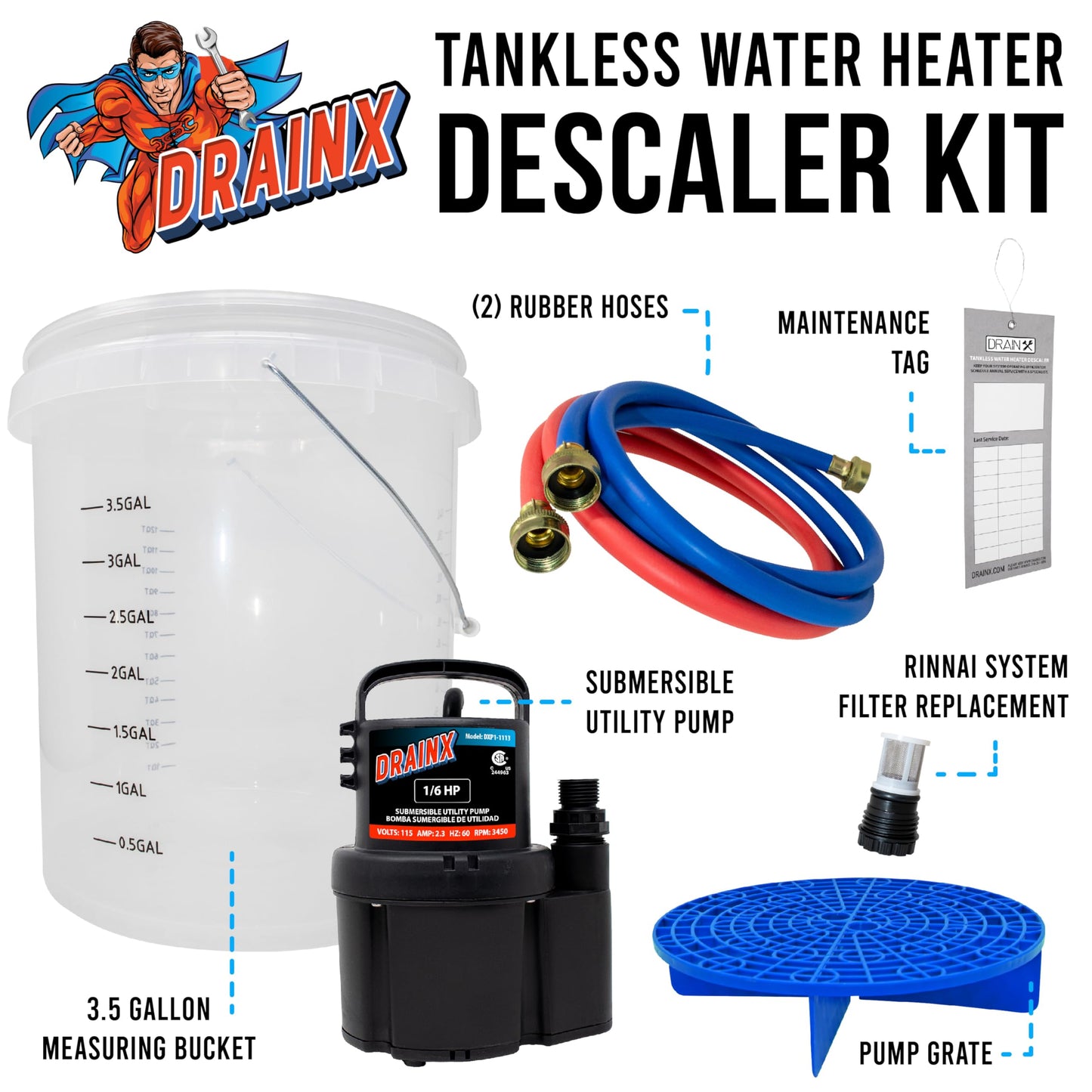 DrainX Tankless Water Heater Flushing Kit Includes Pump, Hoses, Bucket, Maintenance Log, and Replacement Filter for Rinnai Systems – Just Add Vinegar or our Own Descaler