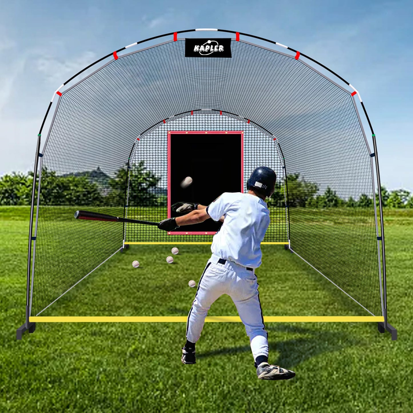 Kapler Baseball Batting Cage Net - 13ft x 10ft x 8ft Secure Steel Frame and Heavy Duty 4 Ground Stakes - Solo or Team Training for Backyard Field Outdoor Indoor Use