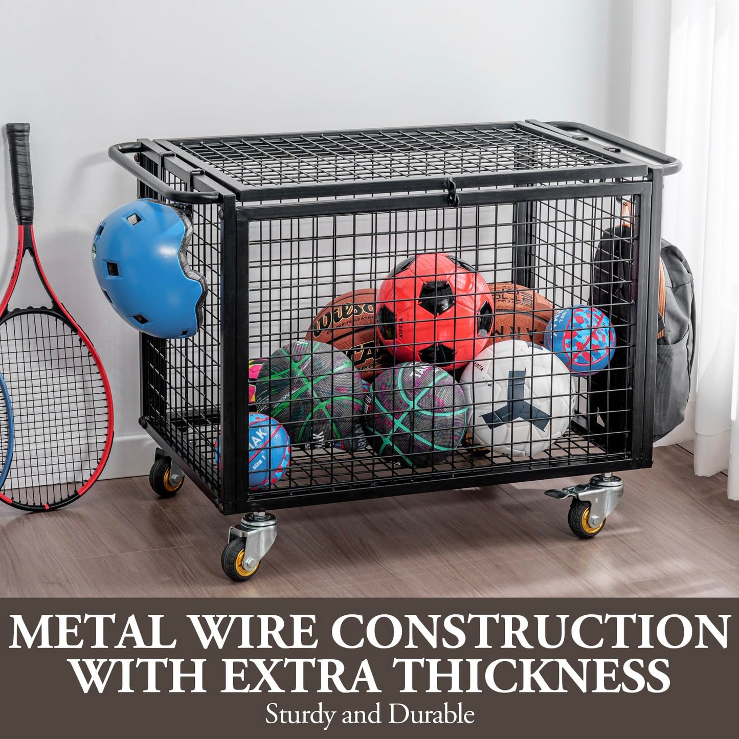 MyGift Black Metal Rolling Sports Ball Storage Cart for Playground, Dodge Ball, Basketball, Soccer Ball Gym Basket Equipment Cart with Lockable Latch, Caster Wheels and 4 Hooks