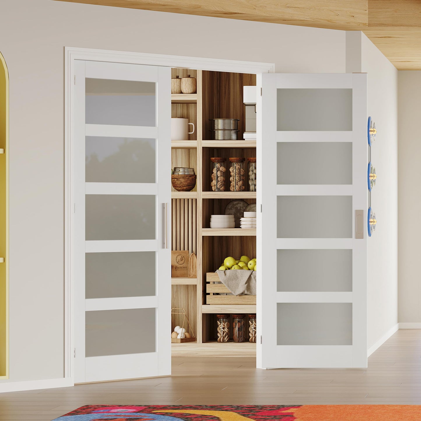 Lakenyon French Doors, 48" x 80", 5-Lite Frosted Tempered Glass French Doors Interior, Solid MDF Core French Door, T-Shape Handles, Flush Bolts, Top Bead Guide, Paintable Surface, White