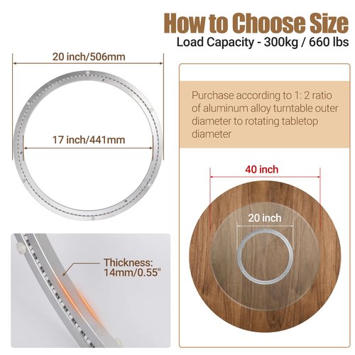 20 Inch Lazy Susan Heavy-Duty Aluminium Alloy Rotating Bearing Lazy Susan Hardware- Mute Bearing Turntable Ring Hardware for Dining and DIY Furniture (Capacity up to 660lb)