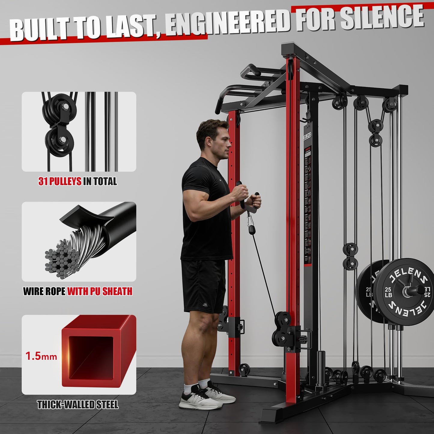 JELENS CC01 Fitness Cable Crossover Machine with High and Low Pulley System, Functional Trainer with with Pull Up Bars and Optional Bundle (Red, CC01 Cable Crossover Machine)