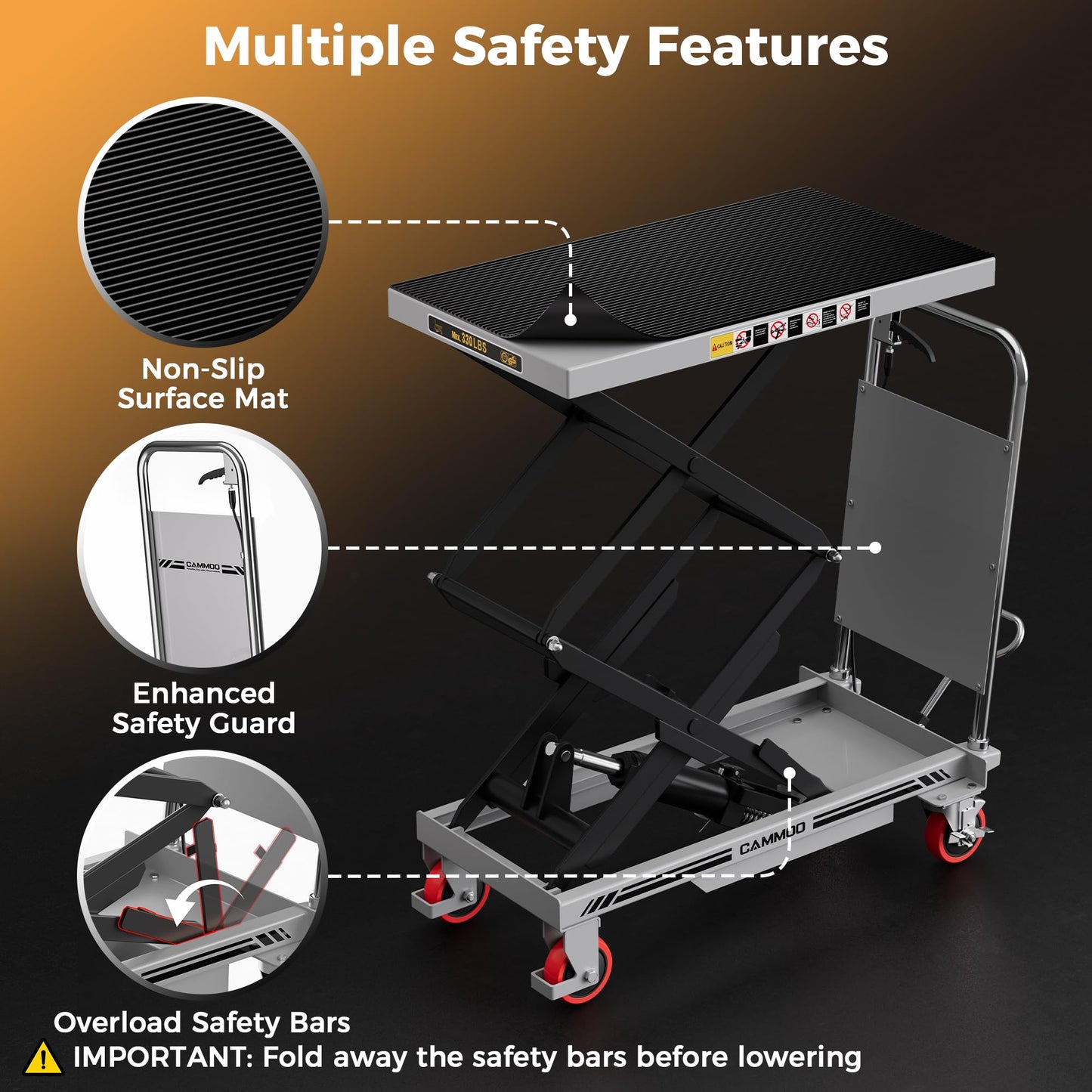 CAMMOO Hydraulic Lift Table Cart, 330lbs Capacity 49.6" Lifting Height, Double Scissor Lift Table with Non-Slip Pad & Safety Guard for Material Handling & Transportation, Gray