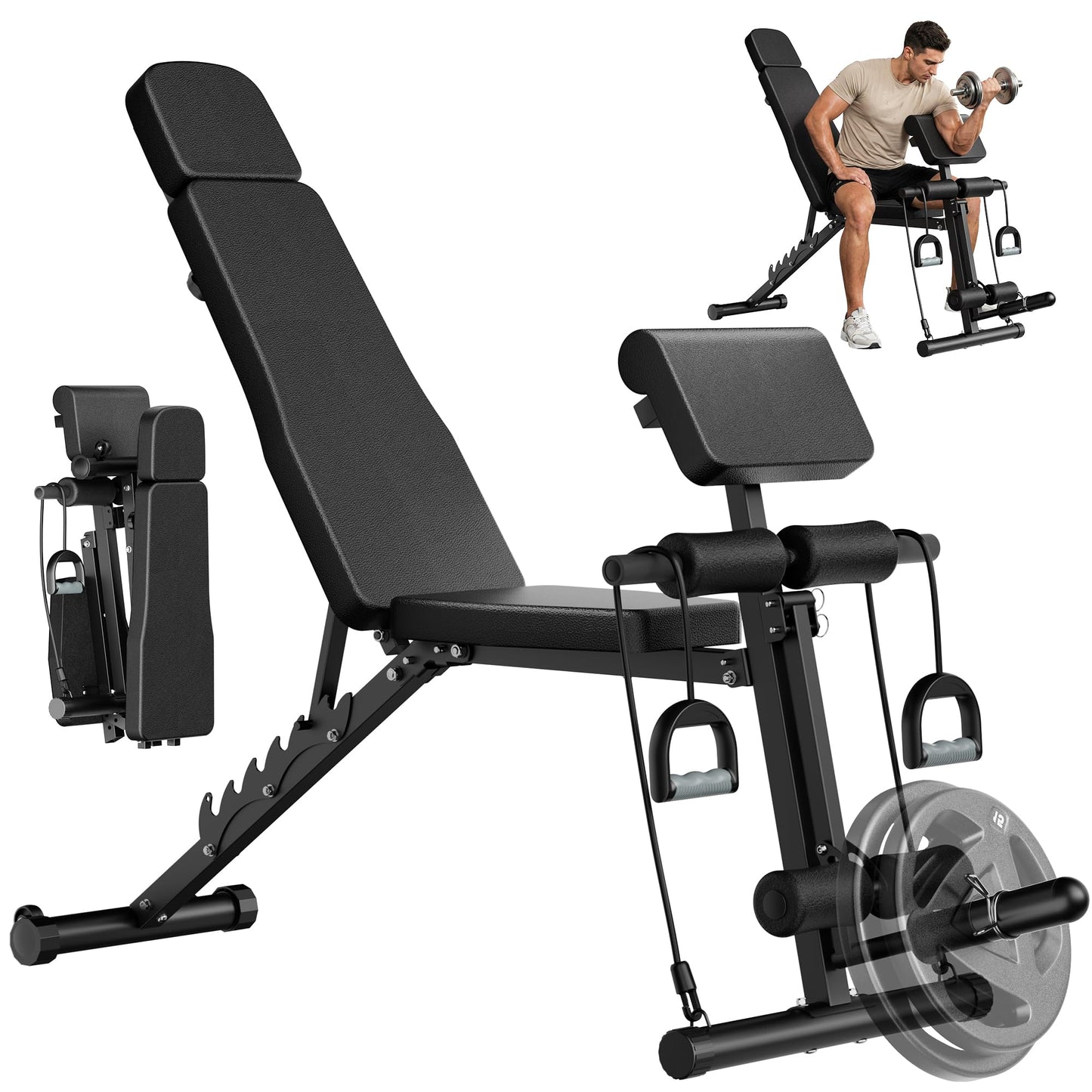 Steelite Adjustable Weight Bench for Home Gym, Foldable Workout Bench with Leg Extension and Leg Curl, 770 LBS Multi-Function Preacher Curl Weight Bench for Full Body Training Fitness, Incline Decline Flat Sit Up Bench Home Gym Equipment with Wheels for B