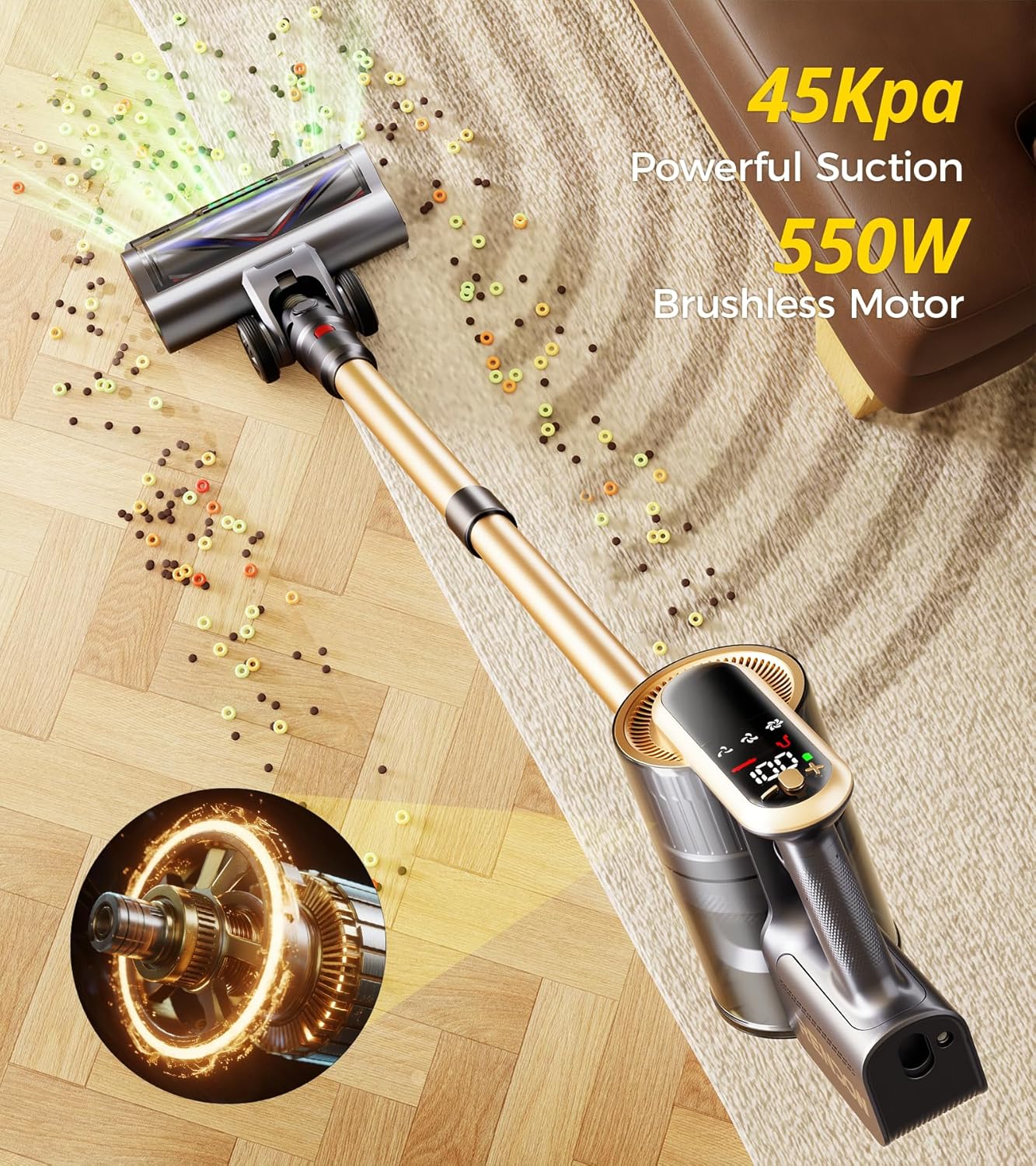 RENDOW Cordless Vacuum Cleaner - Powerful 550W, 65-Minute Runtime, LED Display | Ideal for Pet Hair & Hard Floors