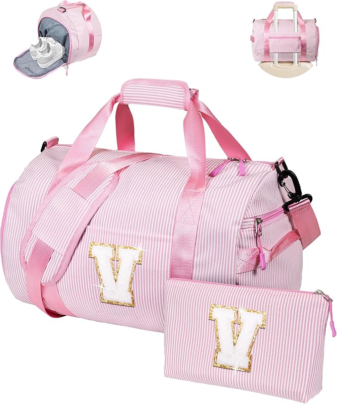 Girly Trendy Stuff, Girl Gym Bag, Kids Initial Overnight Duffel Bags with Shoe Compartment, Personalized Travel Bag with Makeup Pouch, Dance Gift for 5 6 7 8 9 10 11 12 Years Old (Letter V)