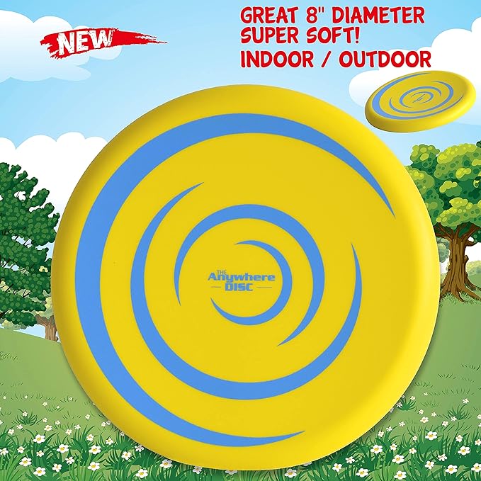 Anywhere Kids Foam Flying Disc | Durable Design Floats On Water | Super Soft for Indoor and Outdoor Use | Perfect for Beach, Camping, Pool Games and Splash Pad Summer Fun | Easy to Catch | 8” Yellow