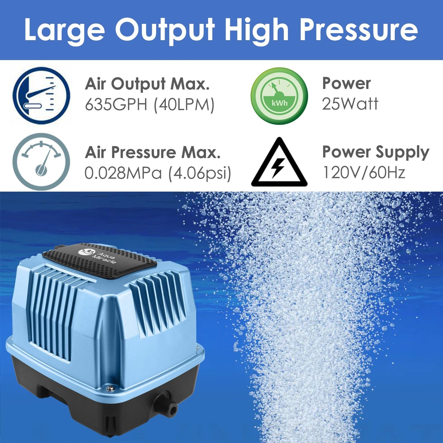 AquaMiracle Super Powerful Linear Air Pump AP-40 Pond Aerator, 635GPH Koi Pond Air Pump Septic Aerator, for Hydroponic, Waste Treatment, Fish Farm, Seafood Restaurant