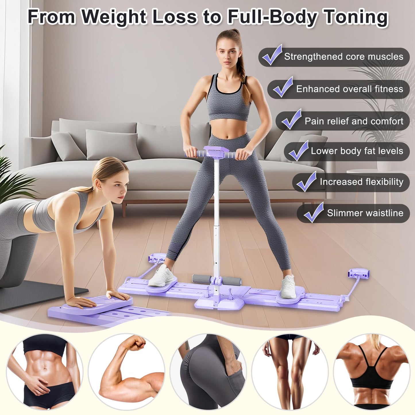 Pilates Reformer Board, Portable Foldable Reformer Board with Handrail & Phone Holder, 5-in-1 Mini Pilates Machine for Beginners & Postpartum Recovery, Multifunctional Home Pilates Workout Slider Set
