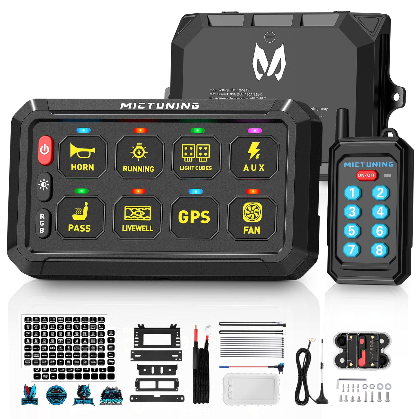 MICTUNING P1Y+ 8 Gang Switch Panel Wireless Remote Control Up to 230FT, Up to 5-Panels Simultaneously, Multifunction Toggle Momentary Flash Strobe Switch Pod with Backlit Off for Car Boat RV Offroad