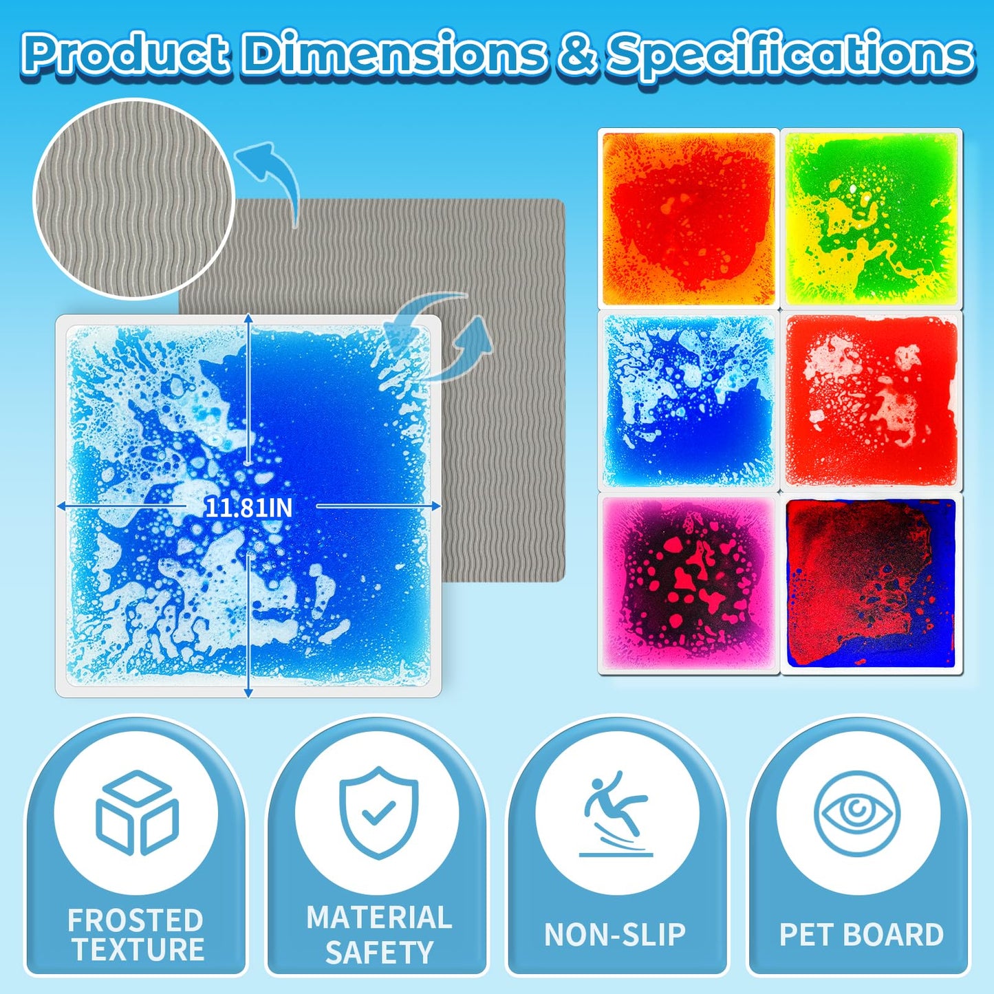 Toddler Sensory Liquid Floor Mats - 6-Piece Liquid Play Mat Pack, 12" x 12" Square Sensory Puzzle Mats for Autism, Lava Brick Dance Step Mats, Montessori Gross Motion Toys for Preschool Classrooms