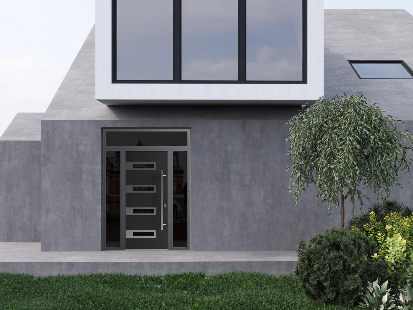Front Exterior Prehung Steel Door/Ronex 0131 Black Enamel / 2 Side and Top Exterior Window Sidelite/Stainless Inserts Entry Metal Modern Painted W16+36+16" x H80+16" Left Hand Inswing