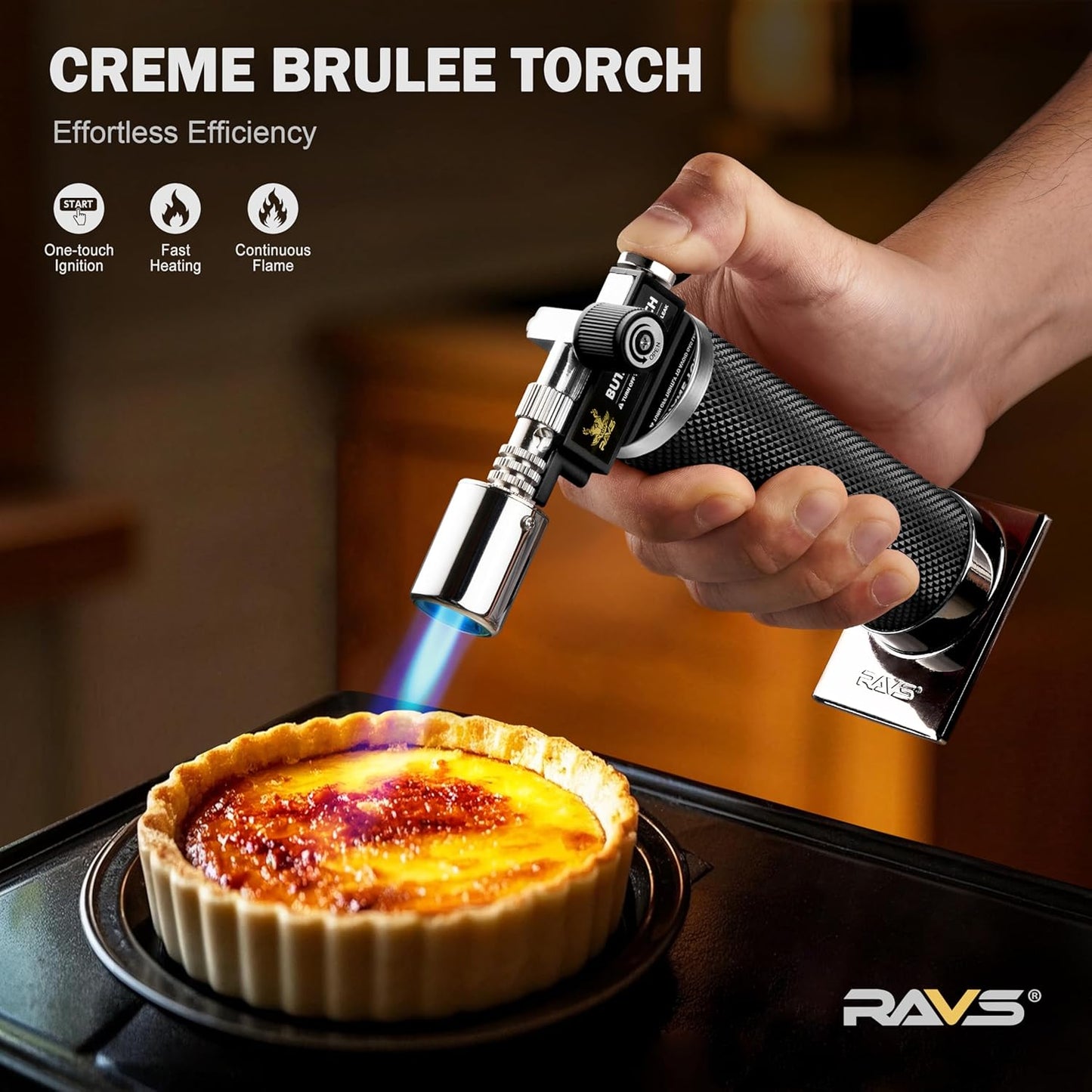RAVS Butane Torch Lighter - Premium Metal Kitchen Torch with Adjustable Flame & Safety Buckle | Black