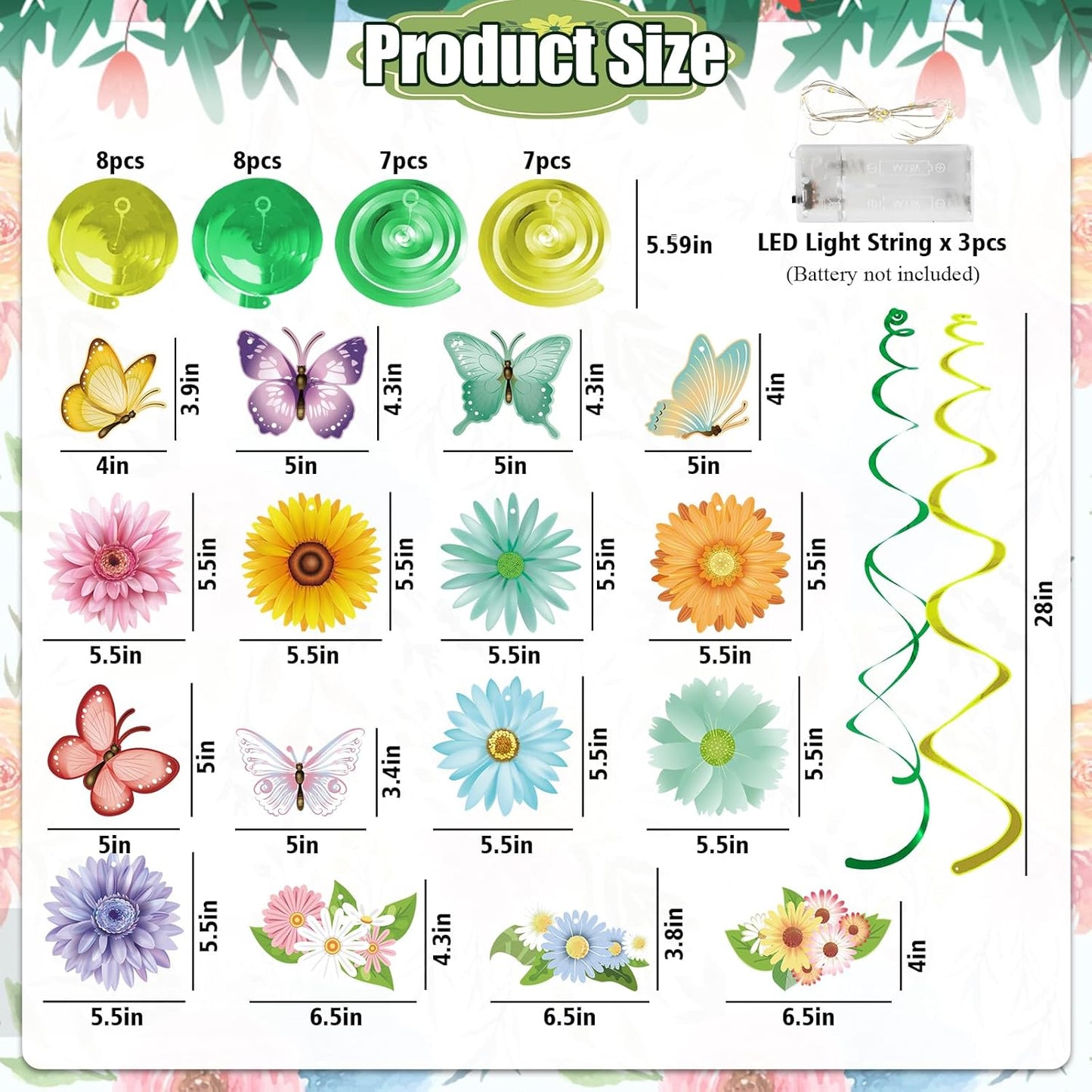 Skiennix 33-Piece Spring Hanging Decorations - Flower & Butterfly Swirls with LED Lights for Easter Parties