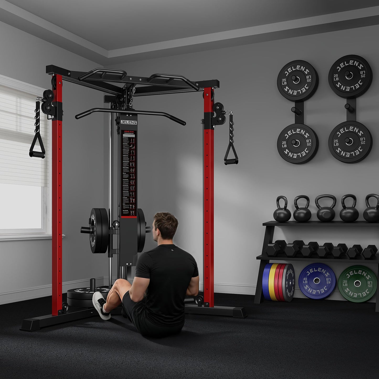 JELENS CC01 Fitness Cable Crossover Machine with High and Low Pulley System, Functional Trainer with with Pull Up Bars and Optional Bundle (Red, CC01 Cable Crossover Machine)