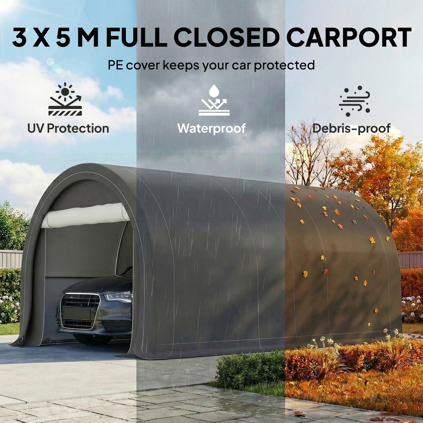 Outsunny 10' x 16' Carport, Heavy Duty Portable Garage Storage Tent with Large Zippered Door, Anti-UV PE Canopy Cover for Car, Truck, Boat, Motorcycle, Bike, Garden Tools, Outdoor Work, Gray