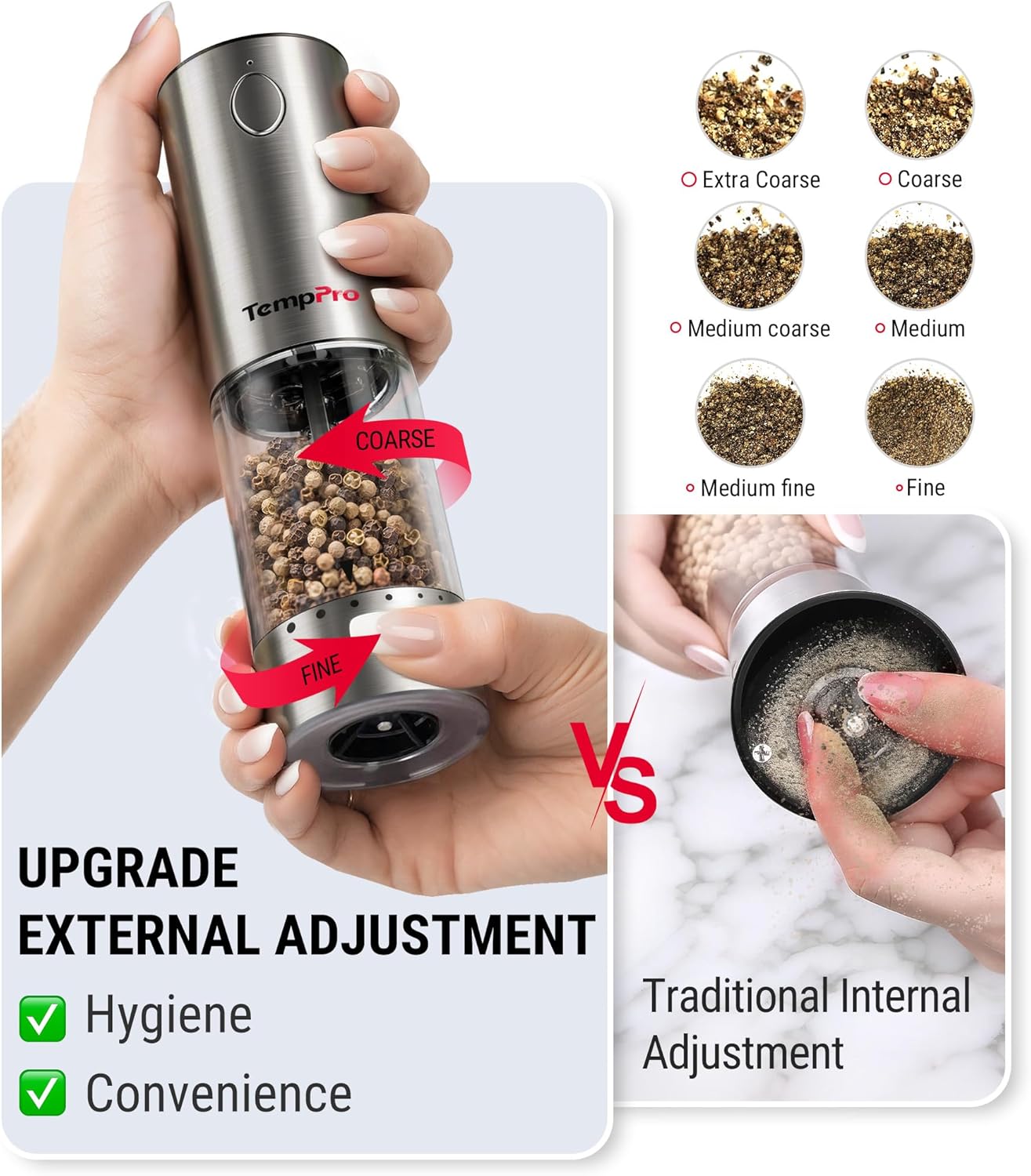 TempPro Electric Salt and Pepper Grinder Set - Rechargeable Automatic Mill with LED | 100ml, 2-Pack