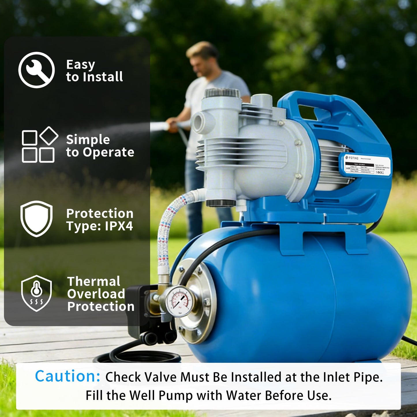 FOTING 1.6HP Shallow Well Pump with Pressure Tank, 1700GPH Automatic Irrigation Water Booster Jet Pump, Water Pumps Booster System 180FT for Home Garden Lawn Farm, Blue