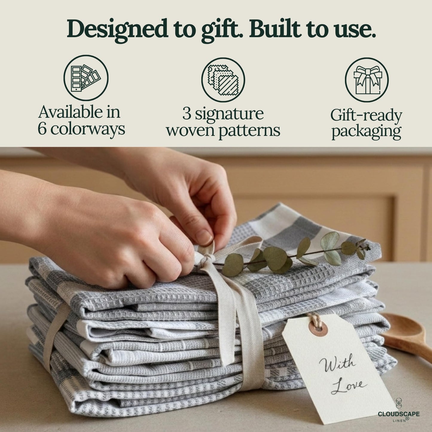 CLOUDSCAPE Kitchen Towels, Set of 6, Premium Cotton Dish Towels for Kitchen, 18" x 28" Oversized Hand Towel, Quick Absorbent & Drying Tea Towel with Hanging Loop - Grey