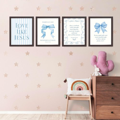 LARTSFRO Coquette Blue Bow Wall Art Decor - Inspirational Bible Verse Posters | 10x8 Inch Set of 4 for Teen Girls