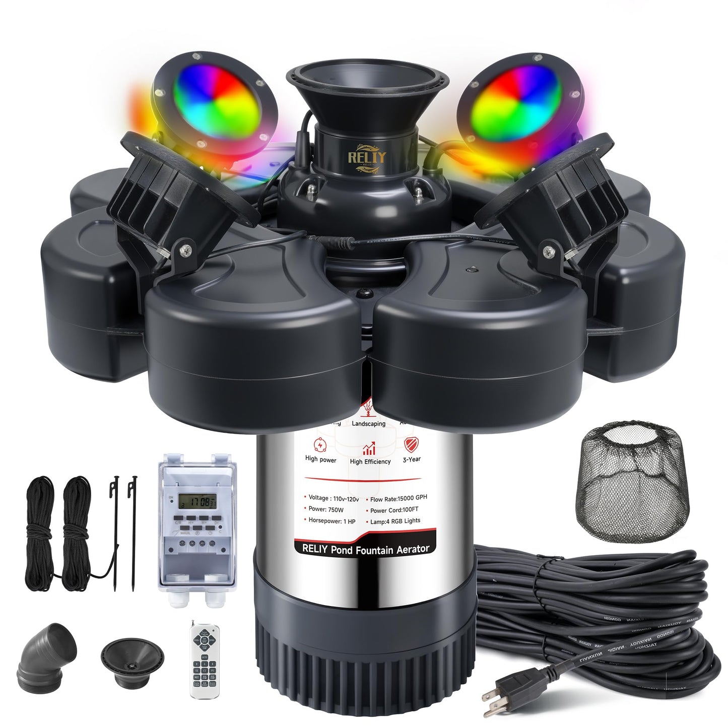 RELIY Pond Fountain Aerator, With 4 RGB Lights 1HP 110V 15000 GPH Stainless Steel Fountain Pump, Fully Automatic Powerful Lake Floating Fountain, 100 FT Power Cord, Programmable Timer Switch