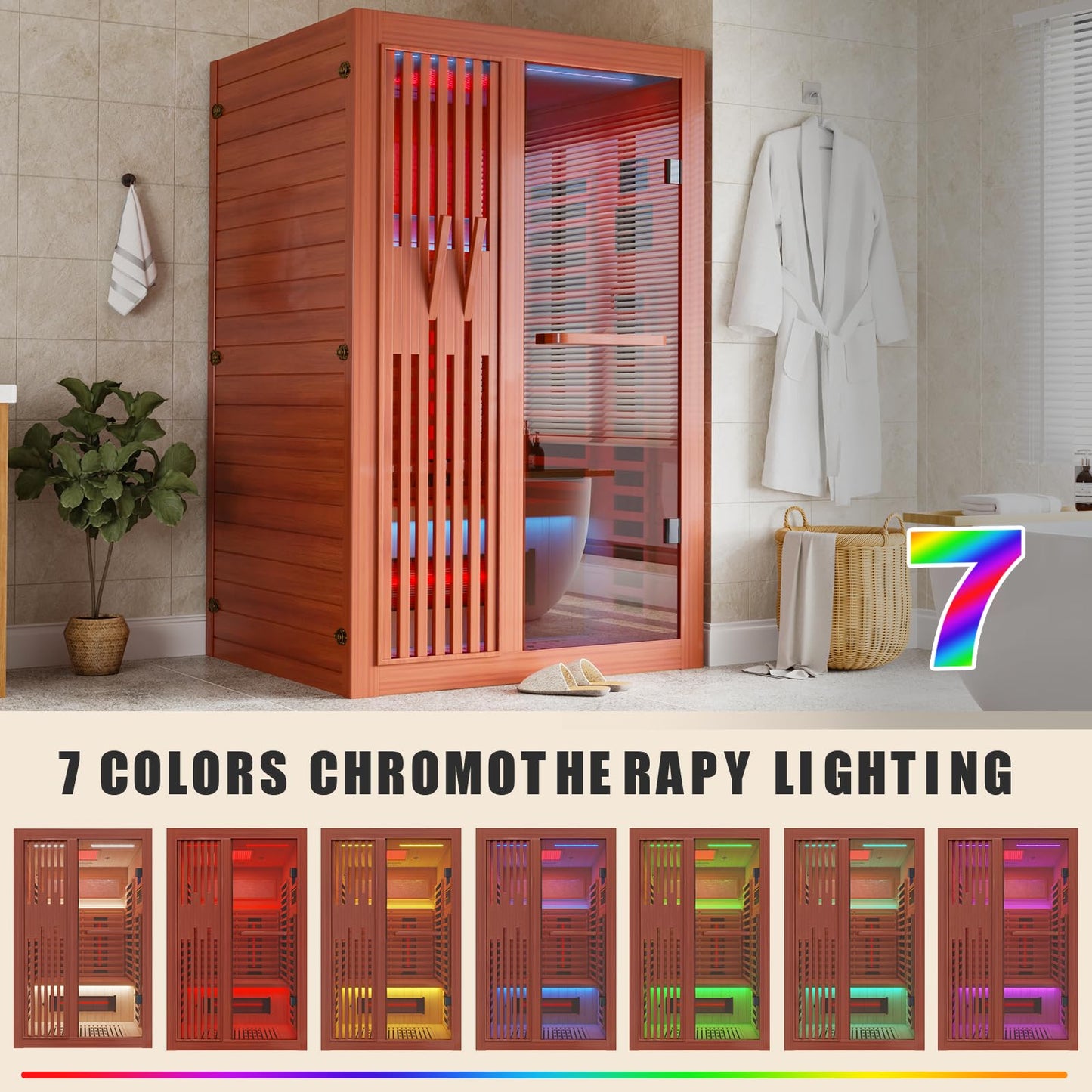 MEISSALIVVE Full Spectrum Sauna for Home, 1-2 Person Infrared Sauna with 7-Color Light Therapy & Bluetooth Speakers, Indoor Dry Heat Sauna with Red Light, Personal Luxury Spa for Home & Gym