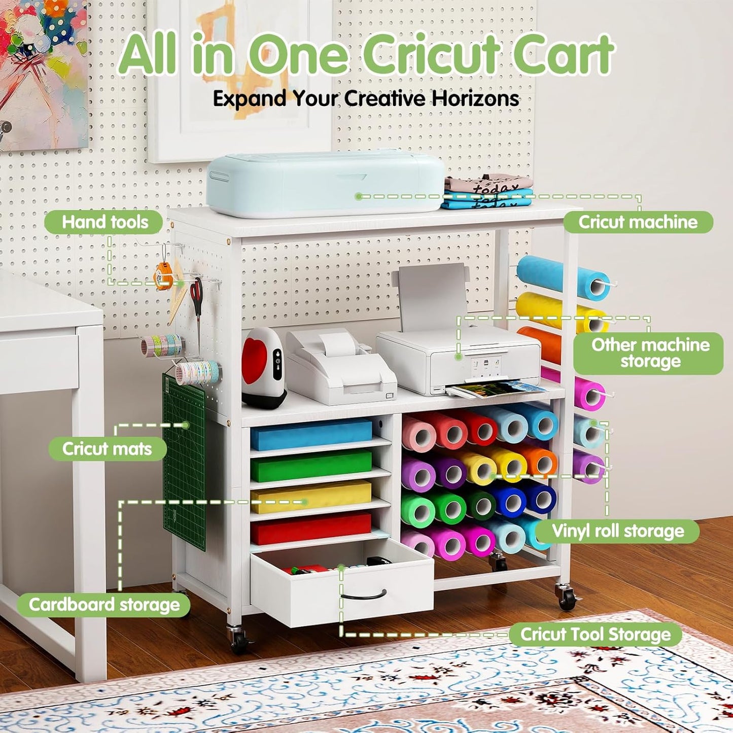 Skiennix Craft Storage Cart - Mobile Organizer with Vinyl Roll Holder & Drawers | Ideal for Studios & Offices