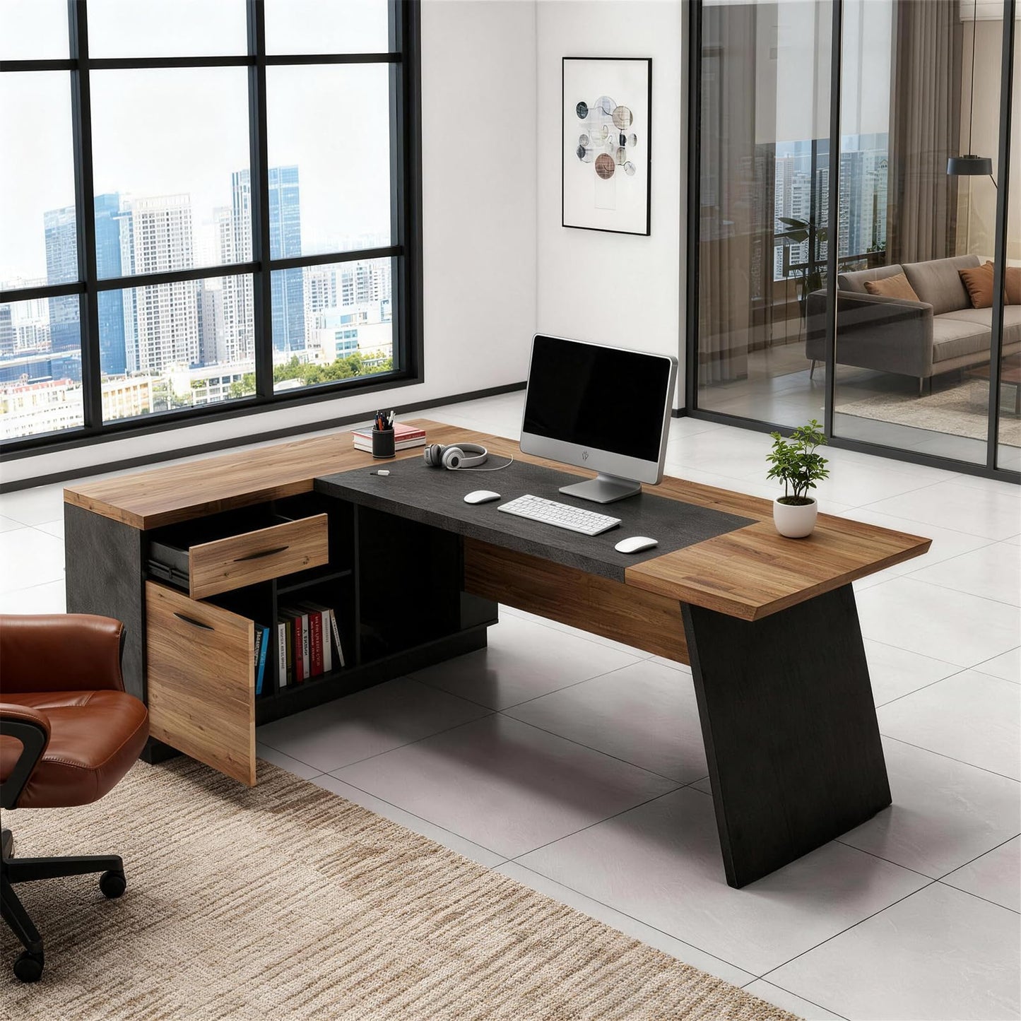 ONNAHOMEStlyle 78.74 Inch L Shaped Office Desk with Drawers & Built-in Power Access, Large Executive Workstation with Storage Cabinet, Modern Wooden Desk for Business or Home Office (claybank, Left)