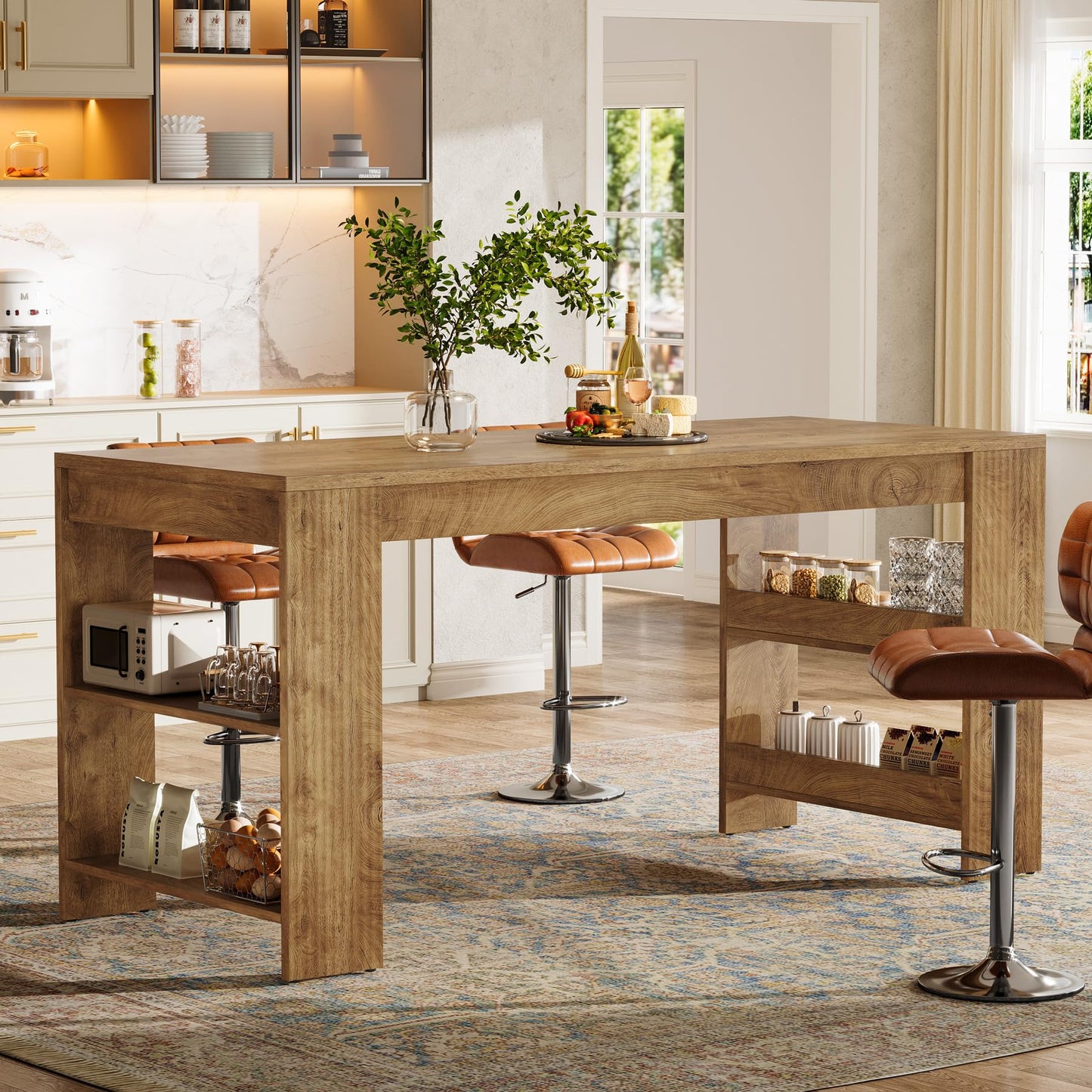 Tribesigns 63-Inch Kitchen Island with Storage, Farmhouse Home Bar Table with Double-Sided Storage Shelves, Large Stationary Island Table for Kitchen, Dining Room, Living Room (Natural)