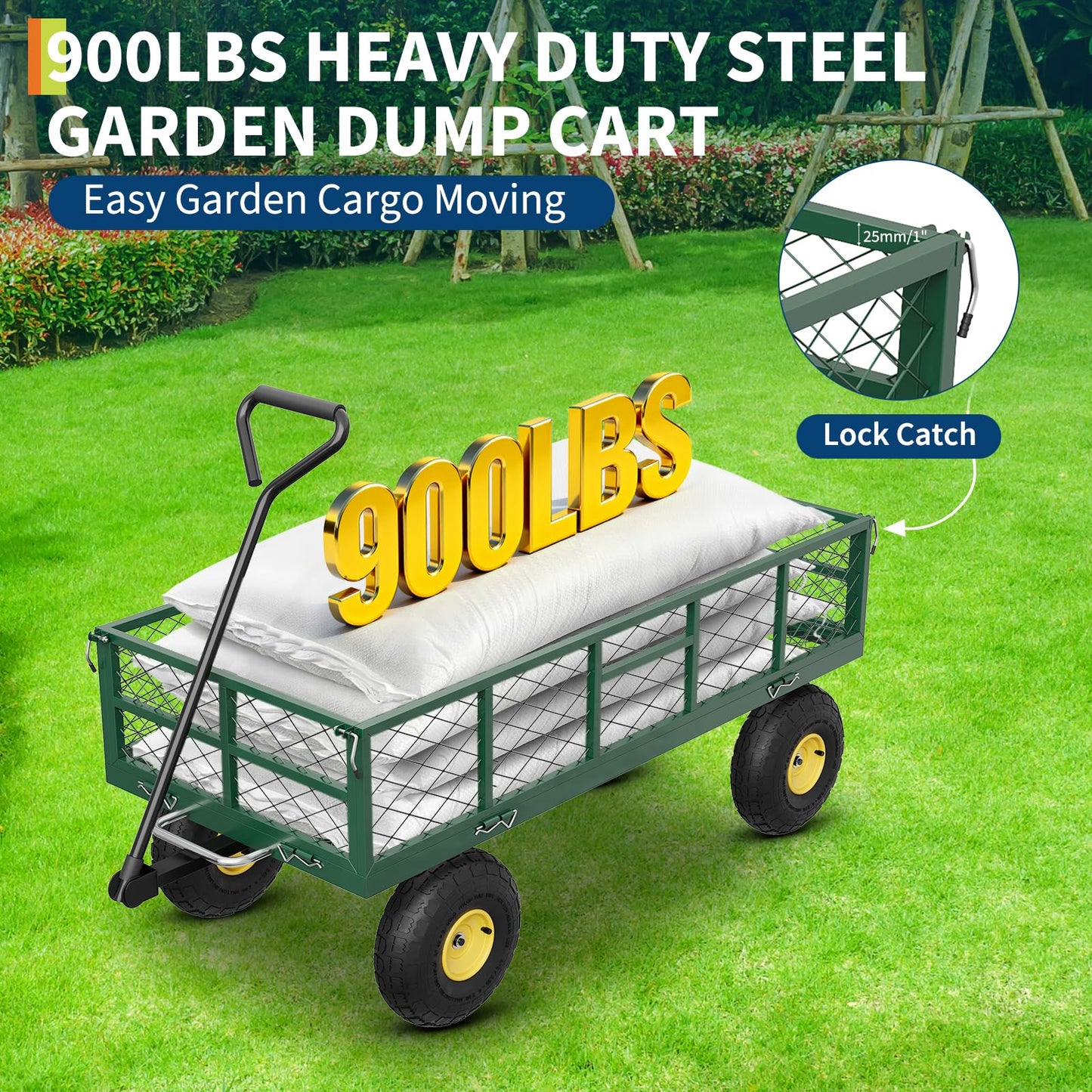 900 lbs Steel Garden Dump Cart with 10" Pneumatic Tires, Heavy Duty Yard Cart with 180°Rotating Handle & Removable Mesh Sides, Utility Dump Wagon for Lawn Farm Backyard, Green Black & Yellow