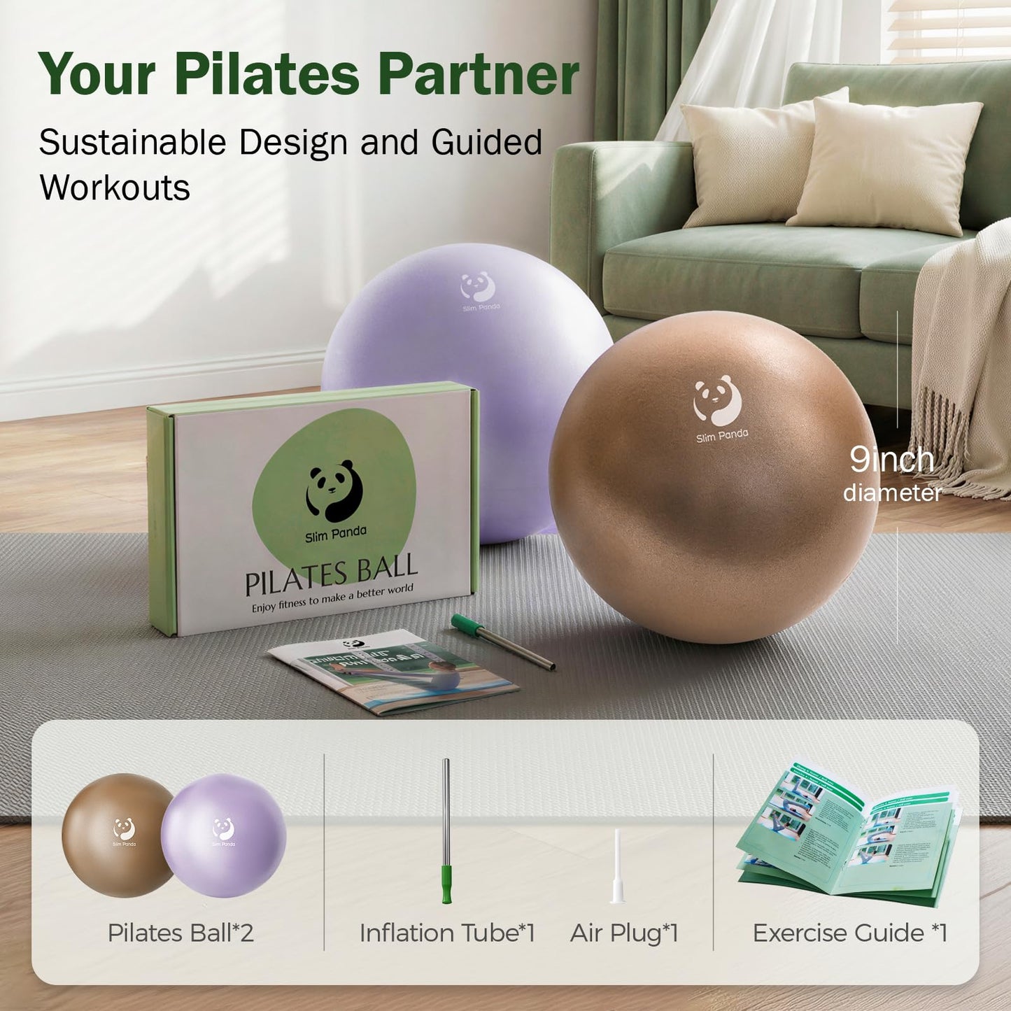 Slim Panda Pilates Ball, 9 Inch Small Exercise Ball, Anti Burst Mini Yoga Ball for Stability, Workout, Barre, Core Strength, Physical Therapy, Balance, Stretching