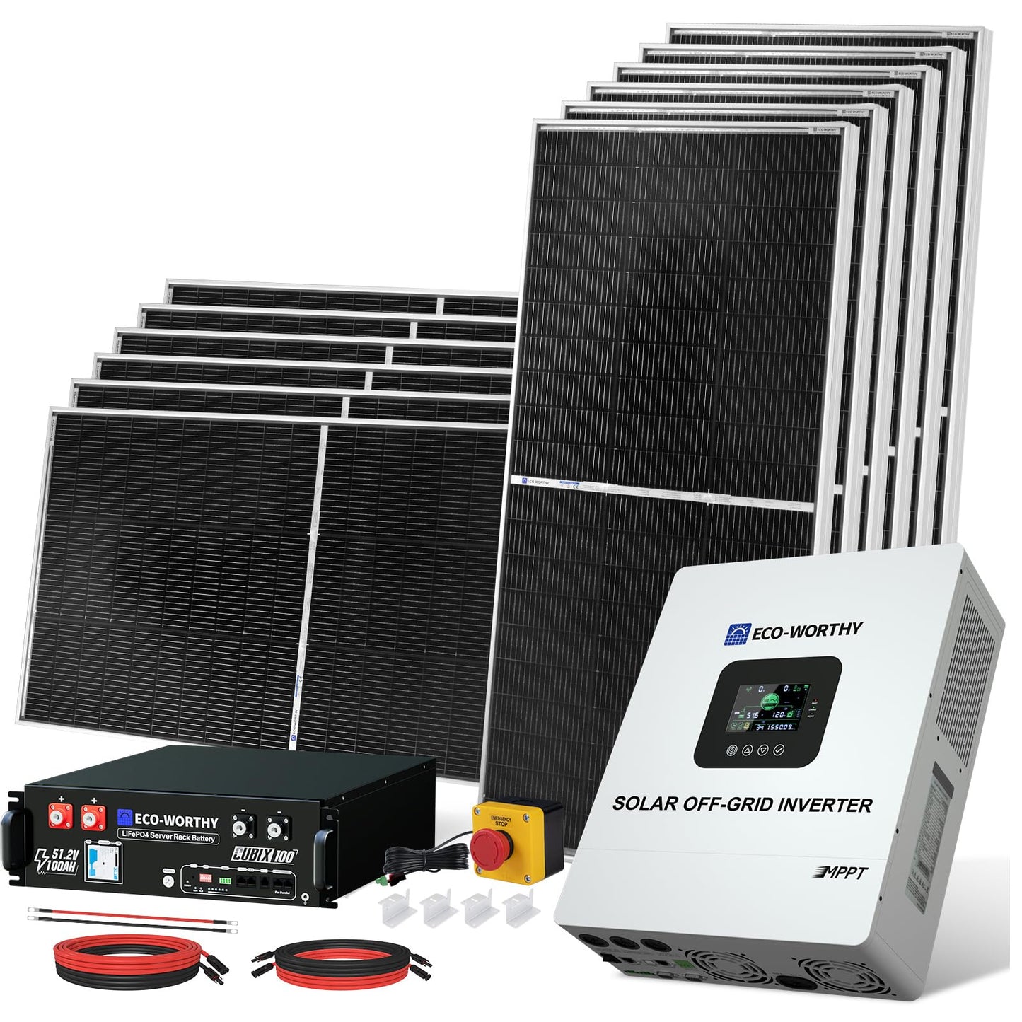 ECO-WORTHY 5KW Off Grid Solar System Complete Kit 12PCS 195W Mono Solar Panel (2340W) +1 * 48V 5KW Off-Grid Inverter + 1 * 51.2V 100Ah Server Rack Whole House Storage LiFePO4 Lithium Battery