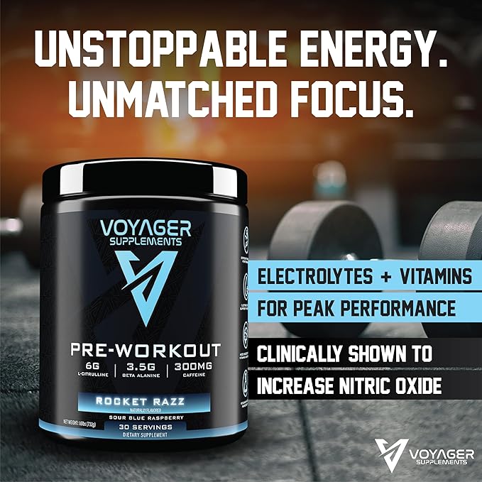 Voyager Pre-Workout Rocket Razz ??Creatine-Free Powder w/L-Citrulline, Beta-Alanine, Caffeine ??Supports Energy, Endurance & Focus ??30 Servings ??No Artificial Fillers ??GMP Certified